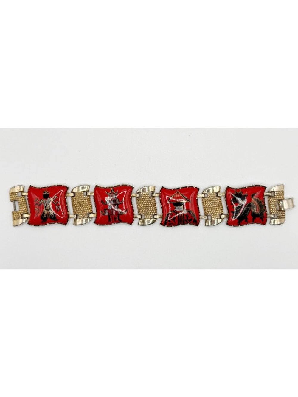 Vintage Chinese Export Enamel‎ Panel Bracelet Brass Red & Gold 7.75”